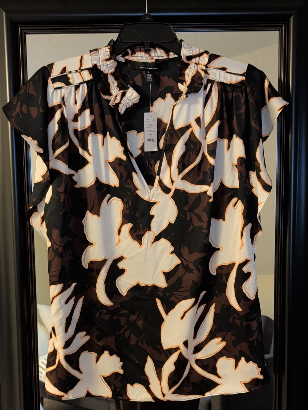 White House Black Market Chocolate Brown Blouse with Cream Floral Print